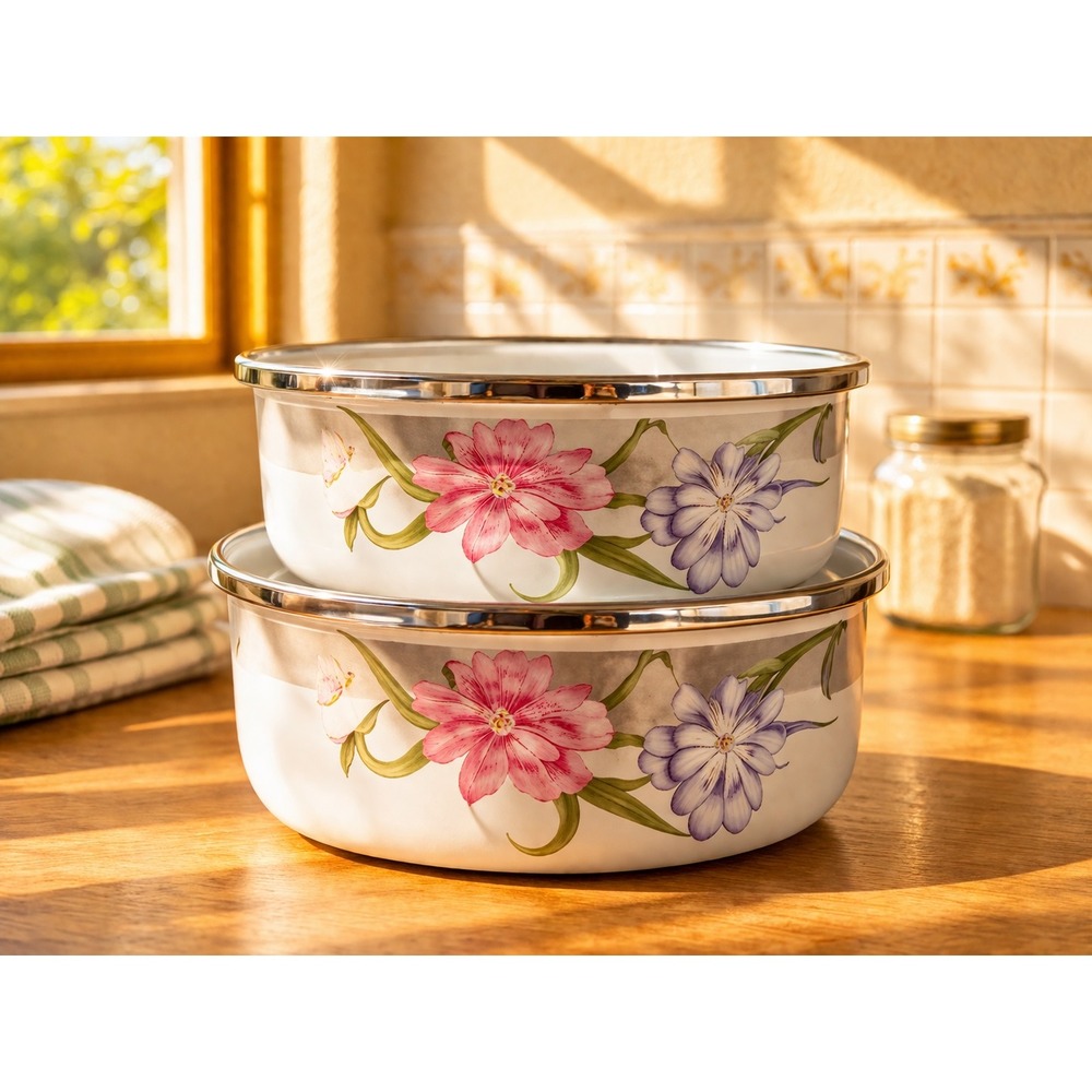 Vintage GMI Enamelware Bowls Set of 2 White Floral Pink Purple Lily Silver Rim